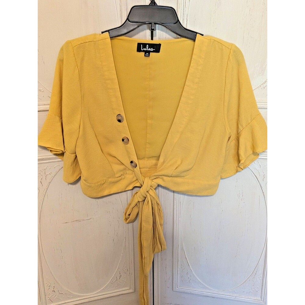 Lulus Golden Yellow Button Short Sleeve Shirt Blouse Bolero SZ Medium - Boutique